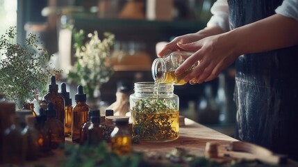 a cozy workshop scene with a person mixing organic oils and herbal extracts into a glass jar, with a focus on sustainability and care. 