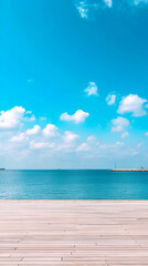 Obraz premium Tranquil Seascape, Wooden Deck Views Azure Ocean and Sky with Fluffy Clouds on a Sunny Day