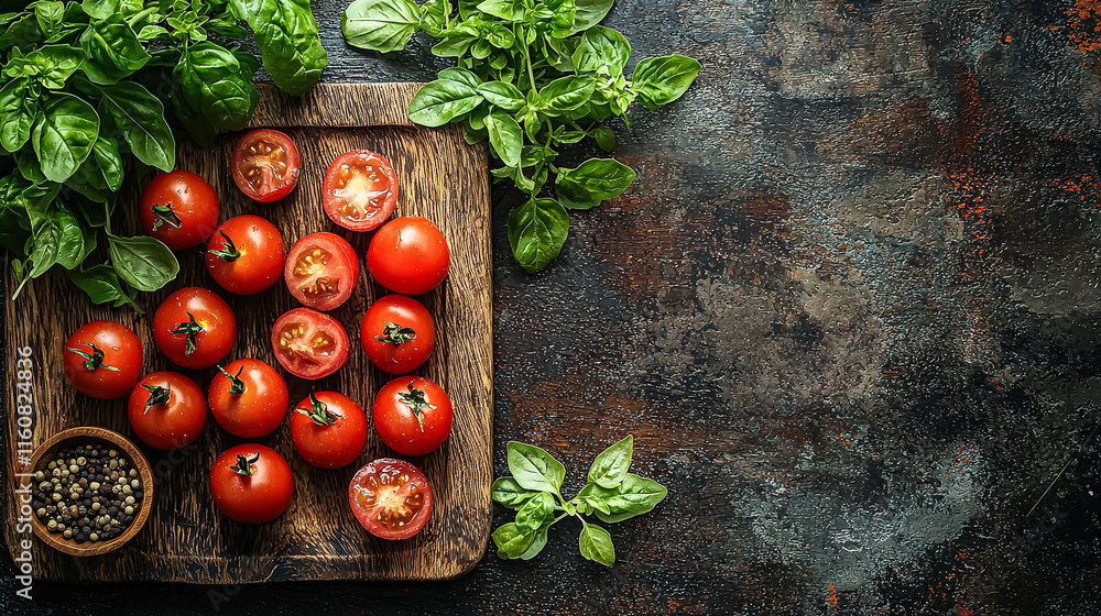 Poster wooden cutting board with a bunch of tomatoes and basil on top. the tomatoes are sliced and arranged