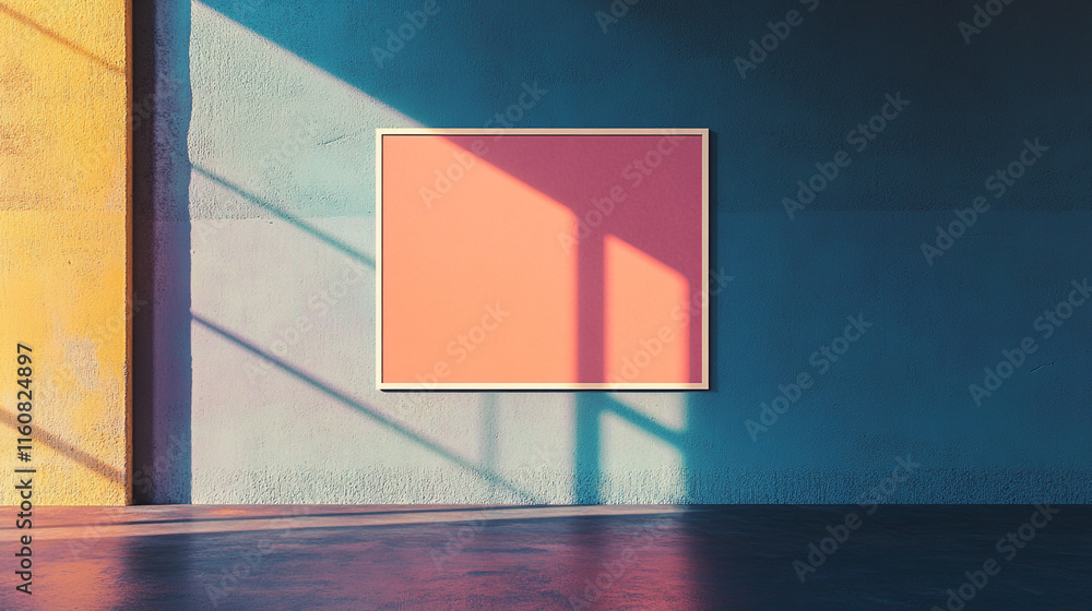 Poster bright abstract space featuring colorful walls and a blank canvas illuminated by shadows
