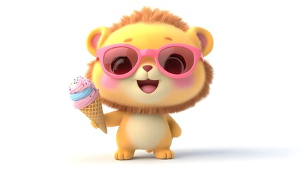 Fototapeta premium Cute Adorable Little Lion in Pink Sunglasses with Ice Cream Treat