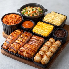 Barbecue platter with grilled meats, roasted corn, and assorted dips on a white tabletop, celebrating smoky flavors, hearty textures, and vibrant culinary craftsmanship