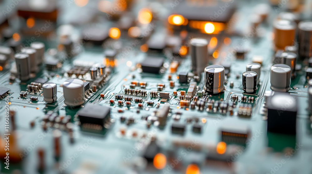 Poster close-up view of a complex circuit board with illuminated components