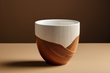 there is a white and brown vase sitting on a table