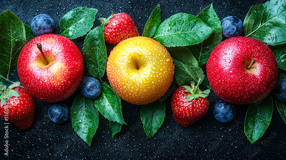 Poster row of apples and strawberries are displayed on a table. the apples are red and yellow, and the stra