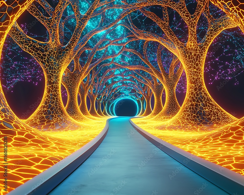 Poster stunning conceptual visualization of an adaptive neural network pathway surrounded by glowing trees 