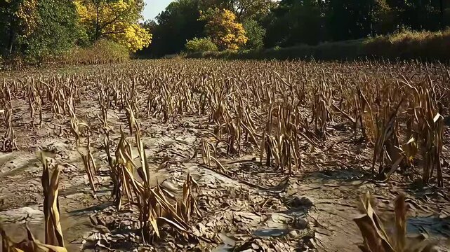 forsaken fields, where withered corn stalks stand amidst rich, dark mud. Nature's transformation paints a striking contrast in this quiet landscape