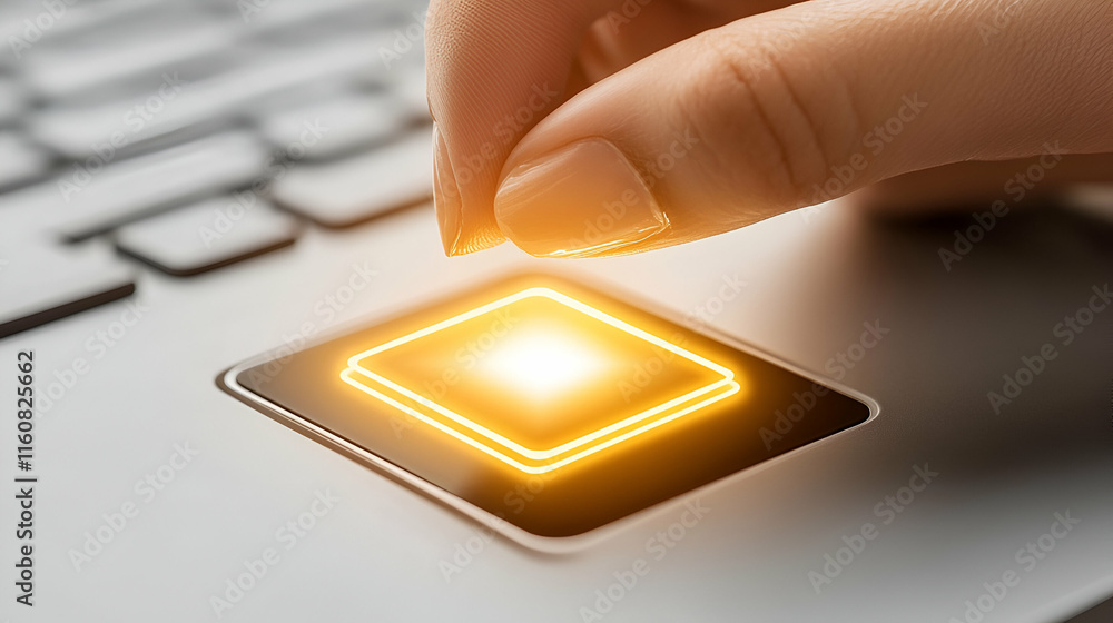 Poster finger presses glowing square button: modern tech interaction, innovative digital interface, seamles