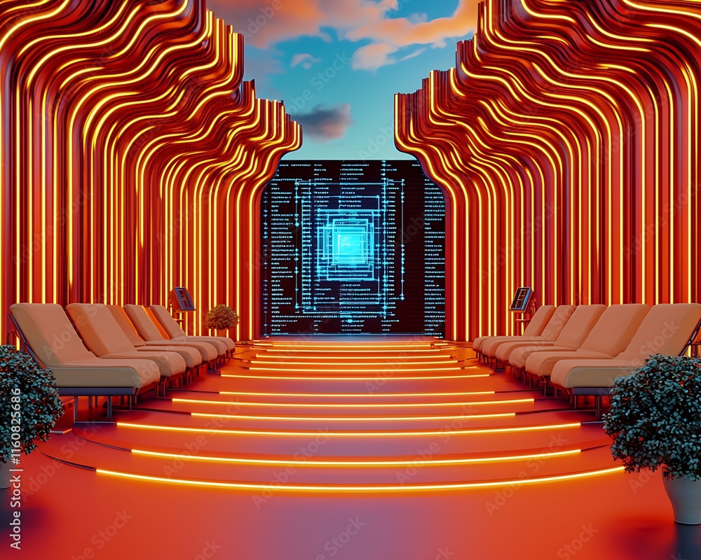 Poster surreal dramatic scene of an ai processing system with vibrant colors, modern architecture, and dyna