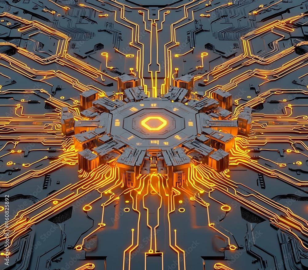 Aufkleber illuminated dynamic ai adaptation center with intricate circuitry and vibrant orange accents for fut