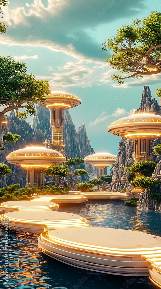 Poster vibrant futuristic visualization of a serene landscape with ai-powered floating structures surrounde