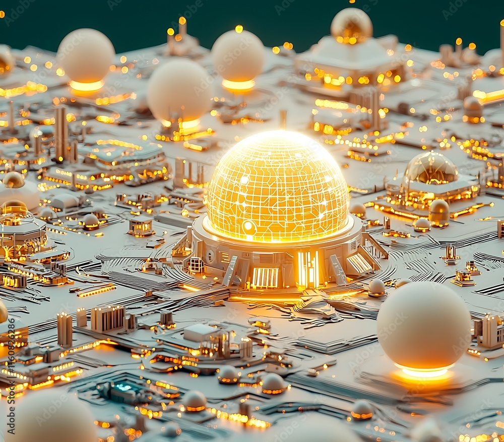 Aufkleber abstract visualization of an adaptive ai hub with glowing elements and futuristic cityscape depicted