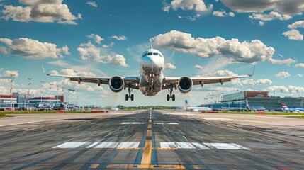Airplane taking off from runway, bright sunny day.