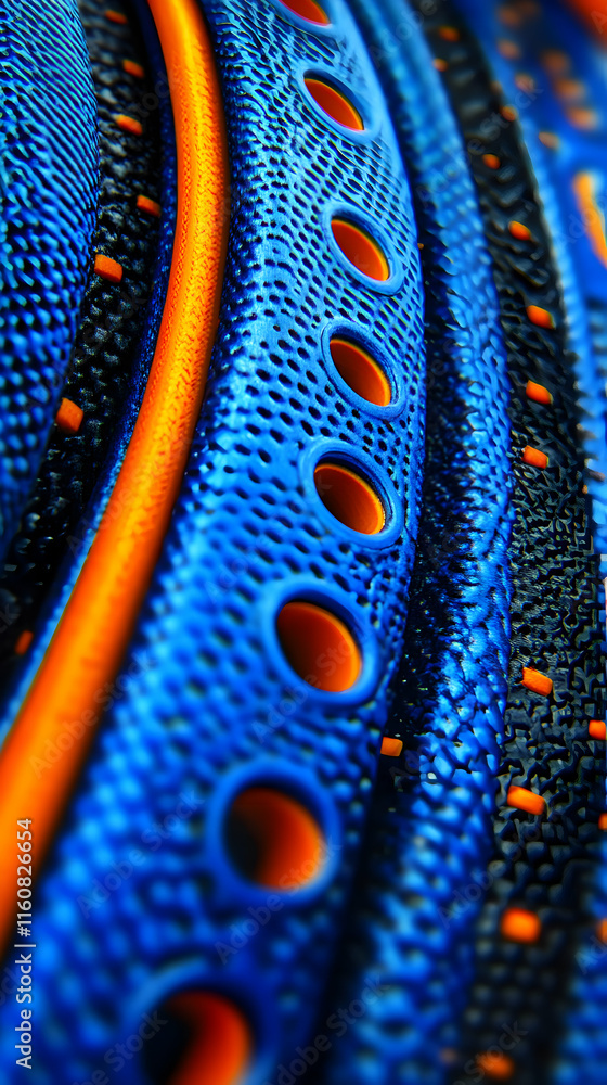 Poster vibrant blue & orange textured surface, a detailed macro view of interwoven patterns with circular c
