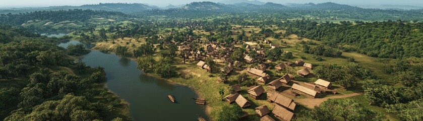 Fototapeta premium Aerial view of a serene village by a river, surrounded by lush greenery and hills.