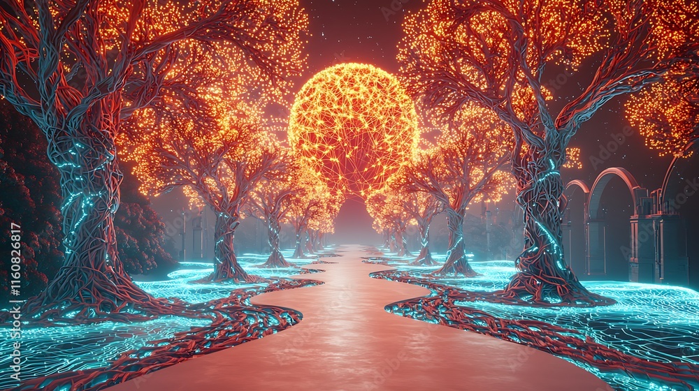 Poster ethereal pathway with glowing trees and radiant sun, an adaptation of ai networks creating a dreamli