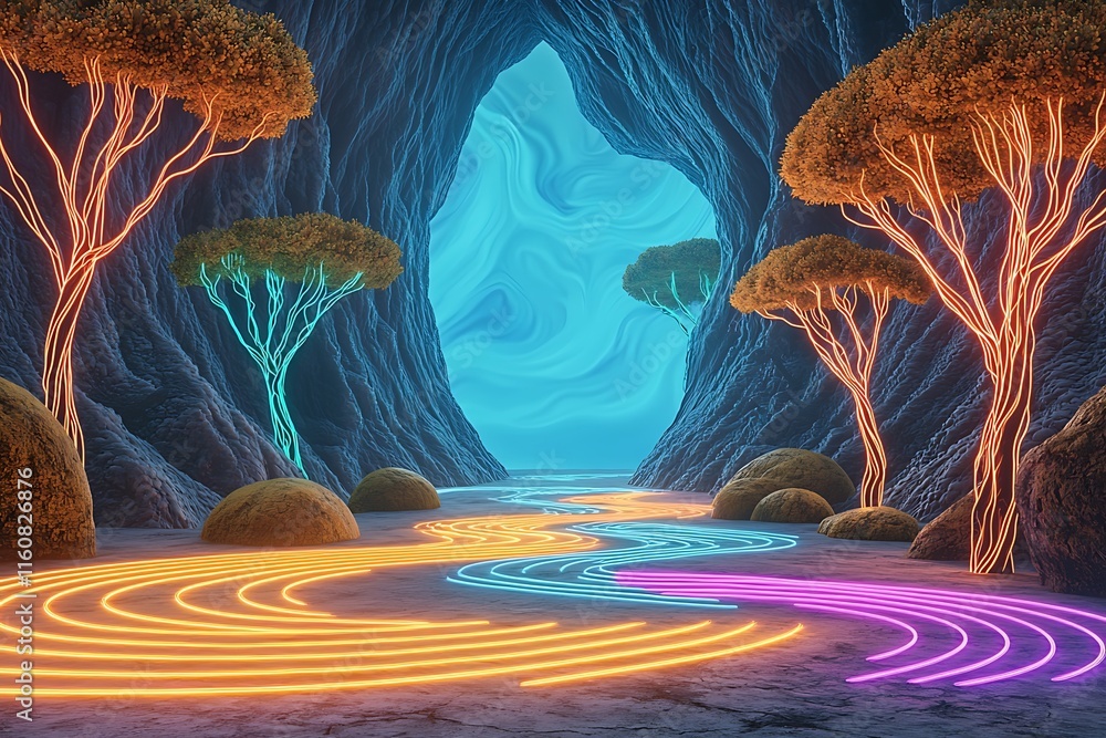 Aufkleber ethereal adaptation of ai systems visualized in a dreamlike landscape with glowing trees, winding pa