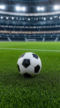 A soccer ball is positioned on the field inside a stadium as bright lights illuminate the surroundings in the evening.