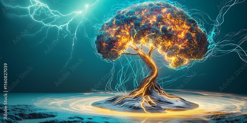 Aufkleber ethereal visualization of adaptive ai with electric energy surrounding a glowing tree symbolizing gr