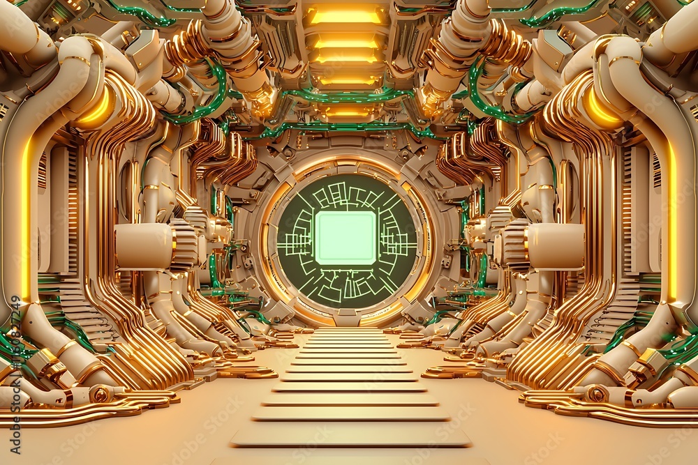 Poster an intricate depiction of an ai-powered environment with advanced technology features, pipes, and ci