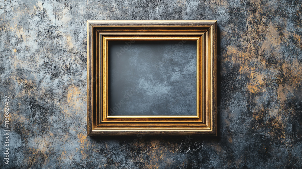 Poster empty golden frame against textured wall for creative display or artistic representation