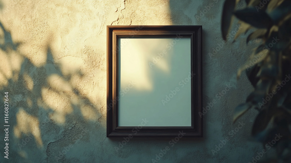 Poster empty frame on a textured wall illuminated by soft sunlight in a tranquil outdoor setting
