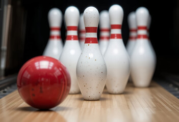 Red Bowling Ball and Pins on a Wooden Lane