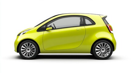 Obraz premium Bright Yellow Compact Car with a Modern Design and Sleek Lines Perfect for Urban Driving and Eco-Friendly Transportation in a White Background