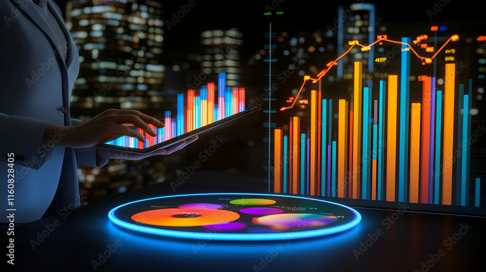 Poster data analyst reviews market trends using interactive charts and visualizations for strategic decisio