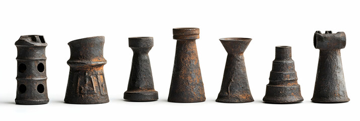 Rustic Metal Chess Pieces, Awe-Inspiring Aged Texture and Design, Showcasing Patina and Craftsmanship.