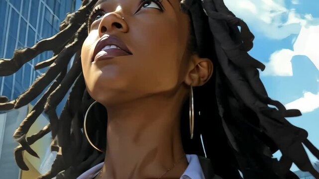 In a lively urban setting, an african american woman with striking dreadlocks walks purposefully, exuding confidence. Her stylish outfit and accessories reflect her unique character and spirit