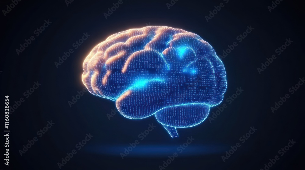 Poster digital representation of a brain with glowing circuitry effects.