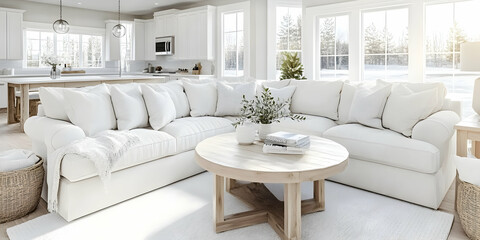 Fototapeta premium Serene White Sectional Sofa in Bright Living Room, Decorated with Natural Elements & Cozy Textures, Exuding Tranquility and Comfort.