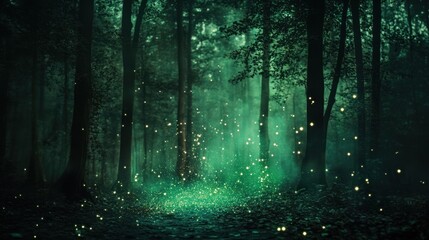 Enchanting misty forest at night with fireflies.