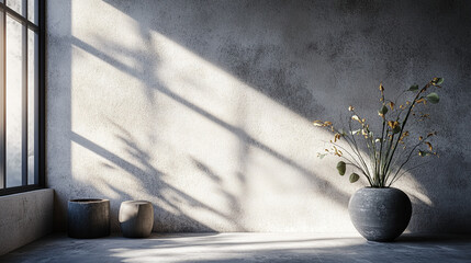 Minimalist interior with natural light casting shadows on a vase