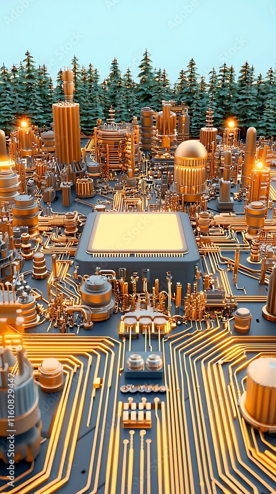 Poster futuristic ai system designed for perception with a city-like landscape of circuitry, towers, and gl
