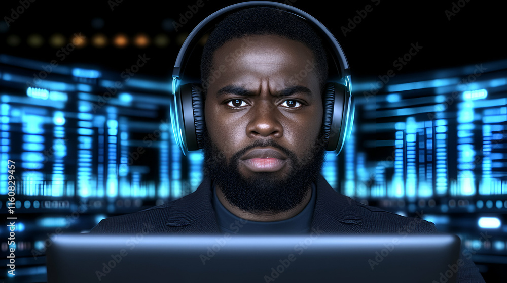 Poster focused man with headphones working on computer, analyzing data streams intensely at night