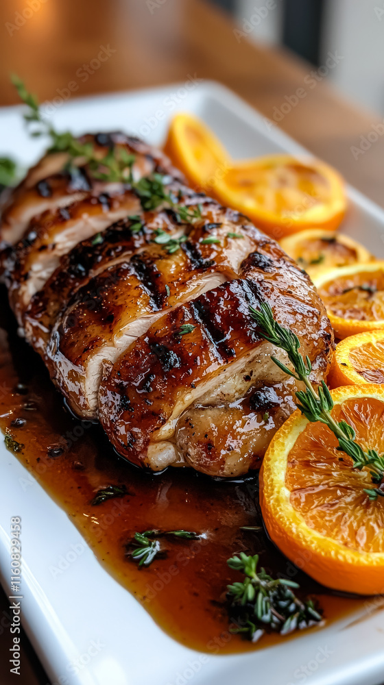 Poster plate of meat with a side of oranges. the meat is cooked and has a nice glaze on it. the oranges are