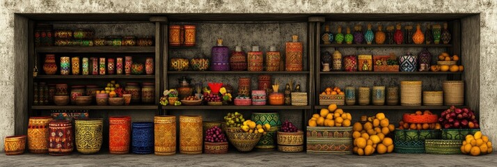 A vibrant display of colorful fruits, jars, and baskets on wooden shelves in a market setting.