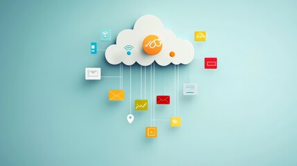Cloud computing concept with data icons and connections, symbolizing secure data access