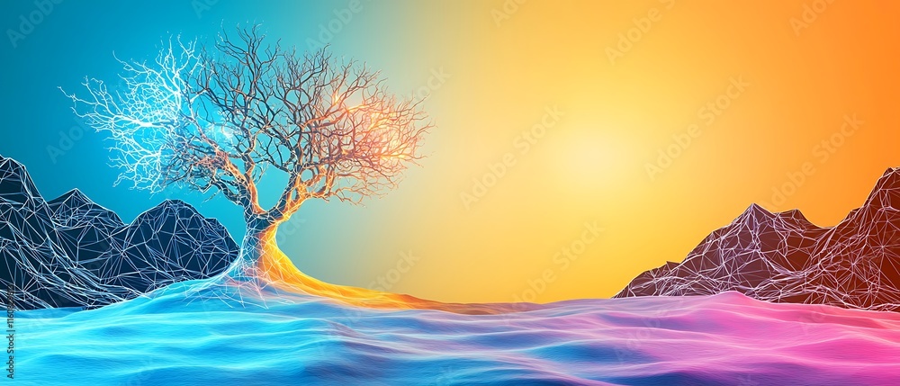 Poster large scale depiction of an ai driven adaptive landscape featuring a tree and mountains in vibrant o