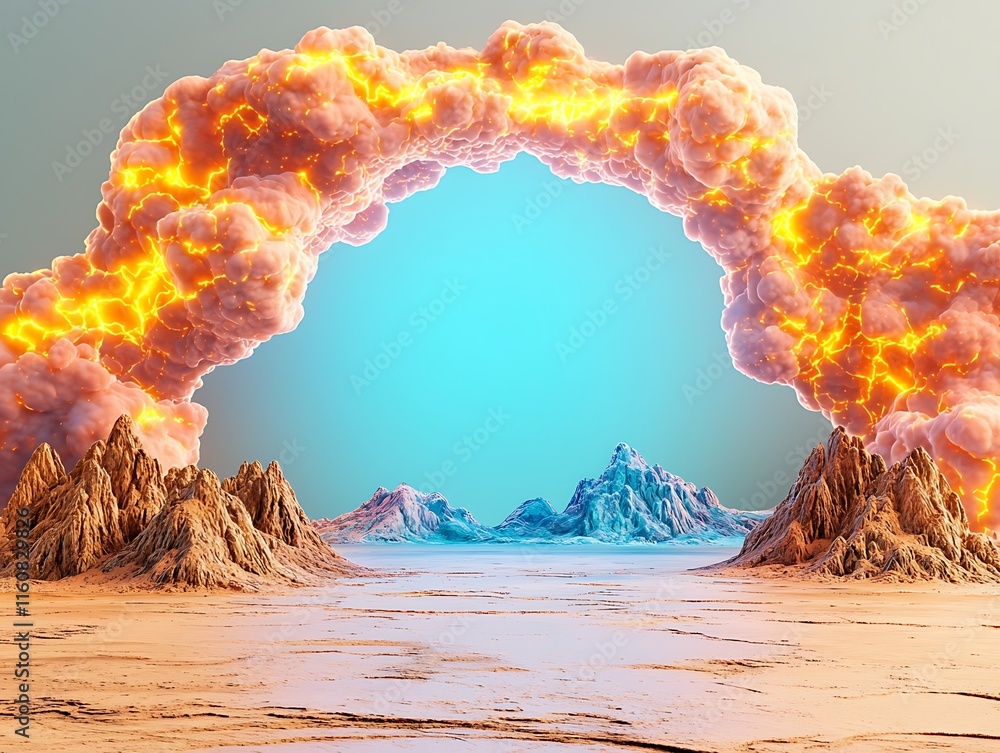 Poster minimalistic and adaptive ai visualization of a glowing arch over a surreal landscape with mountains