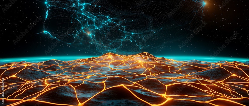 Poster captivating large scale depiction of an ai-driven adaptive landscape with intricate neon connections