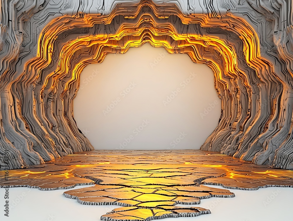 Poster stunning minimalistic adaptive ai visualization of a glowing cave entrance featuring intricate textu