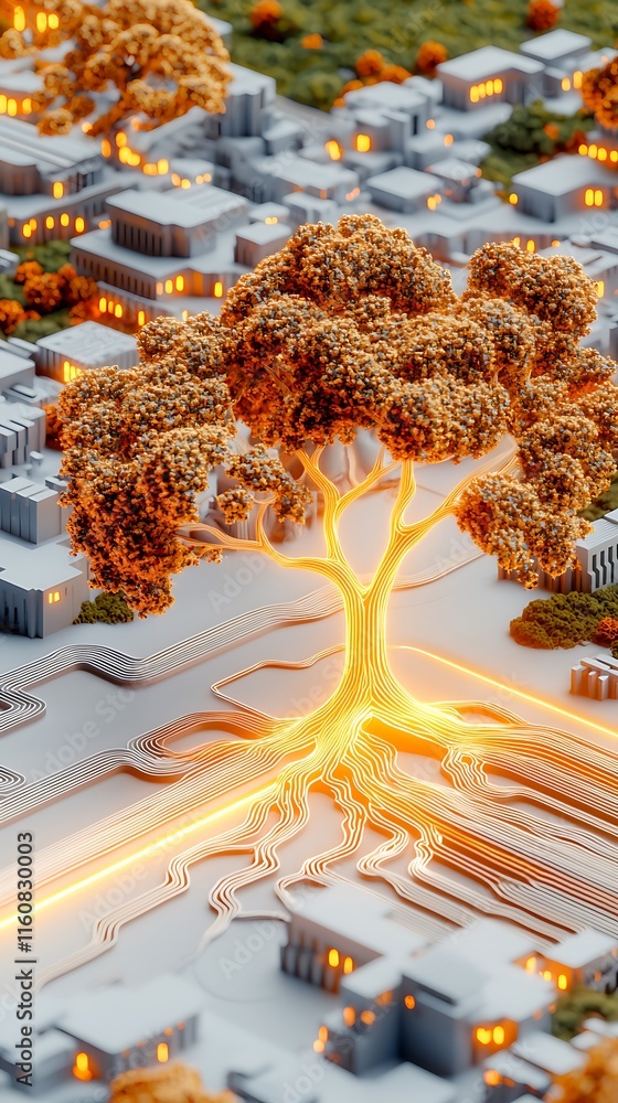 Poster serene yet dynamic representation of ai perception through a tree in a stylized urban landscape with