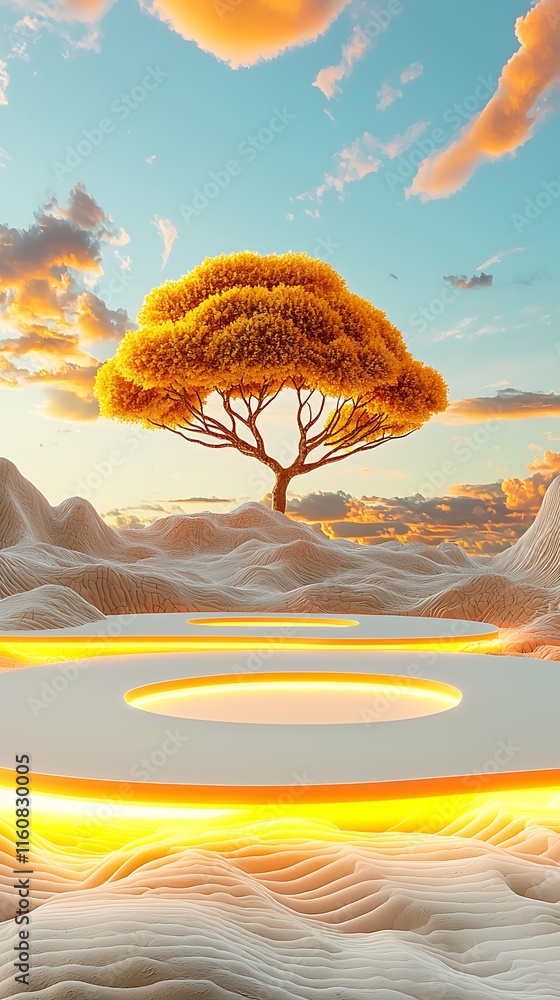 Poster serene yet dynamic representation of ai, featuring an artistic tree on a surreal landscape with vibr