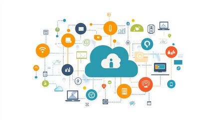 Cloud computing concept with data icons and connections, symbolizing secure data access