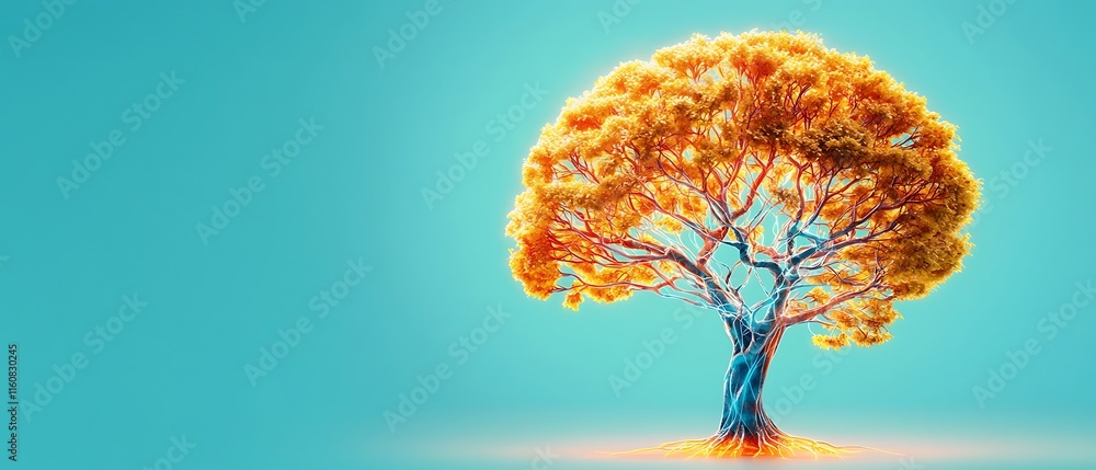 Poster serene and innovative visual of an adaptive tree with neural network inspirations, representing the 