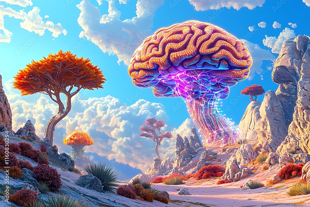 Poster surreal adaptive ai mechanism depicted against a dreamlike landscape with vibrant trees and a futuri