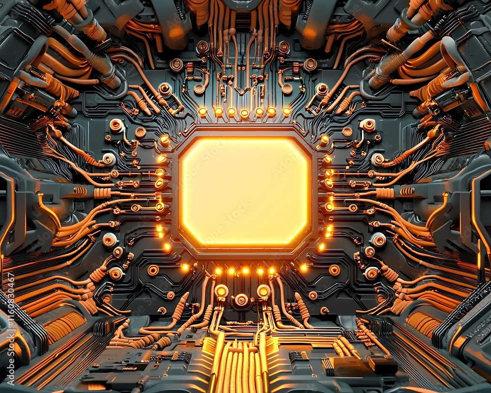 Poster a unique perception of ai technology: glowing circuit board depiction with vibrant colors and intric